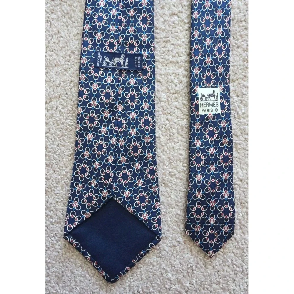 Hermes Silk Tie Mens Blue Geometric RINGS Print 7053 TA France